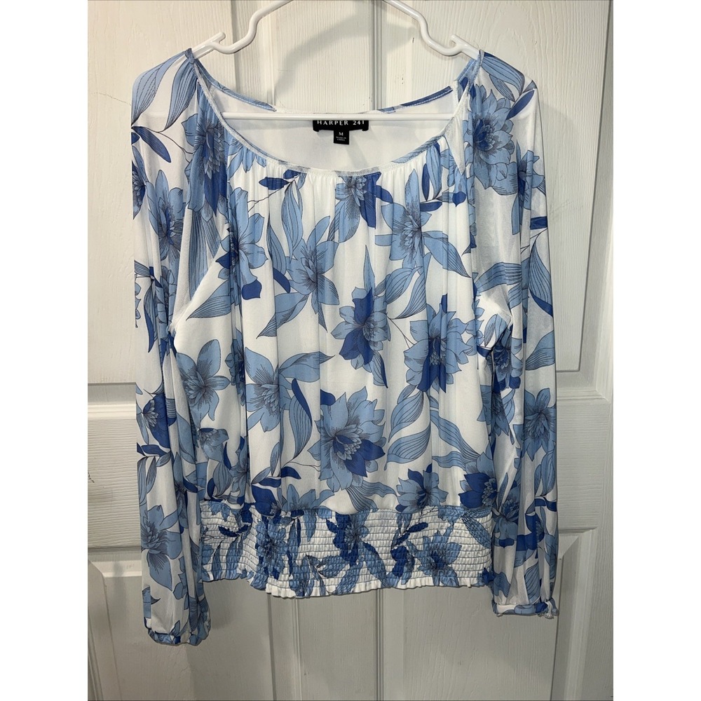 Harper 241 Top Womens Blue Floral Spring Print Blouse Long Sleeve Size Medium